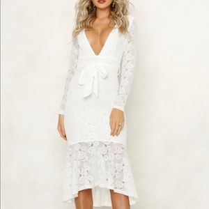 White midi dress with plunge neckline